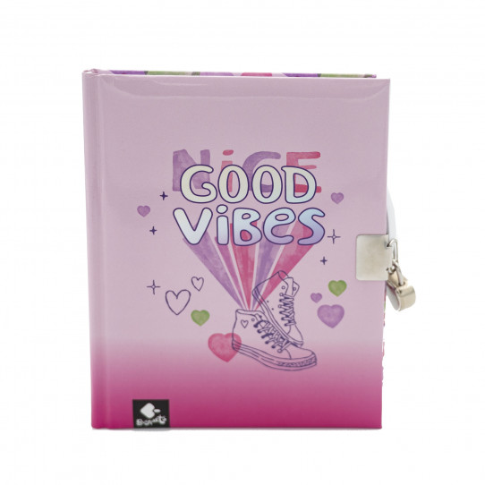 diario personal con candado y boligrafo good vibes