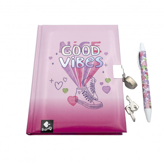 personal diary with lock and pen good vibes